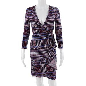 BCBG Max Azria Womens Wrap Dress Black V-Neck 3/4 Sleeve Aztec Size XS